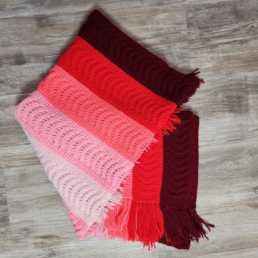 Handmade Crochet Reds/Pinks Stripes Throw Afghan Blanket w/Fringe-60x35"